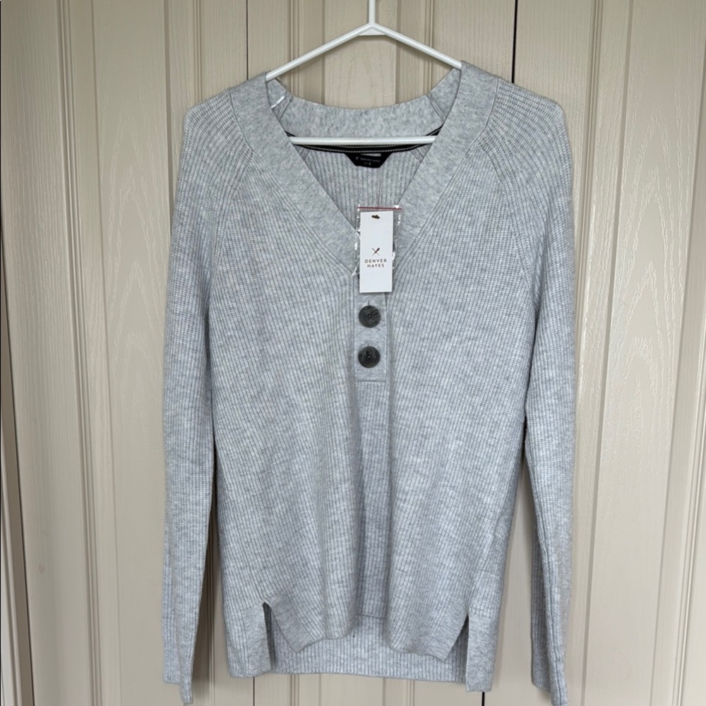 Gray V-Neck Sweater with Button Detail